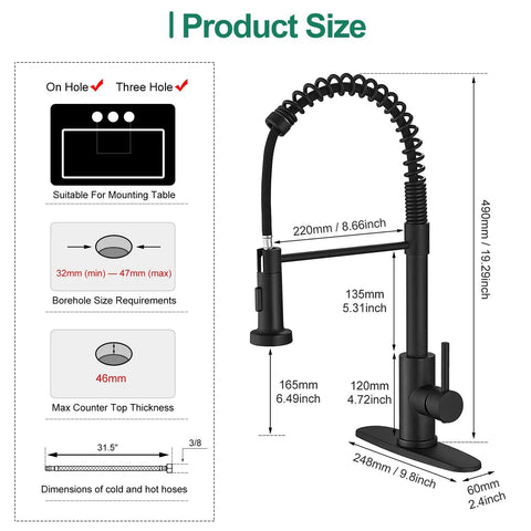 Top Shelf Hella Tough Black Spring Kitchen Faucet Pull Down Sprayer Commercial Stainless Steel size and installation details diagram.