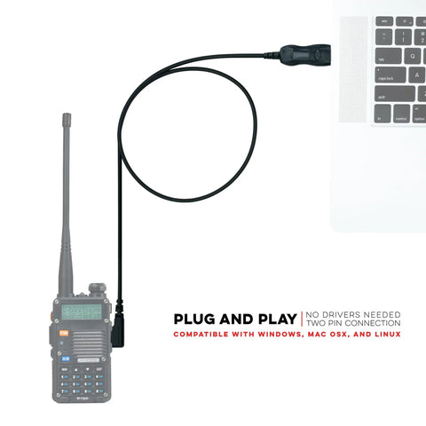 USB Radio Programming Cable For Baofeng Kenwood UV-5R BF-F8HP UV-82HP And More Plug And Play, connected to laptop and radio