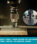 Close-up of M35 Cobalt Step Drill Bit Set With 25 Steps From One Eighth To Seven Eighth Inch in use on metal plate