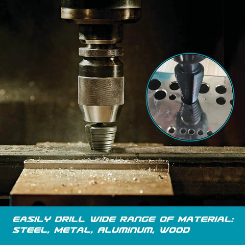 Close-up of M35 Cobalt Step Drill Bit Set With 25 Steps From One Eighth To Seven Eighth Inch in use on metal plate