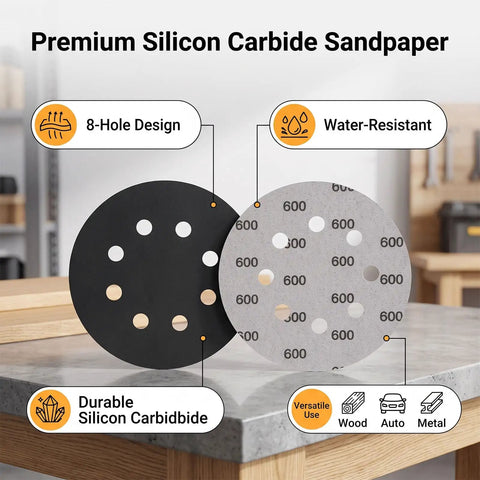 Ultra Tough 200Pcs 5 Inch Sanding Discs Hook And Loop With 8 Holes For Orbital Sander Grinders Silicon Carbide Abrasive Sandpaper.