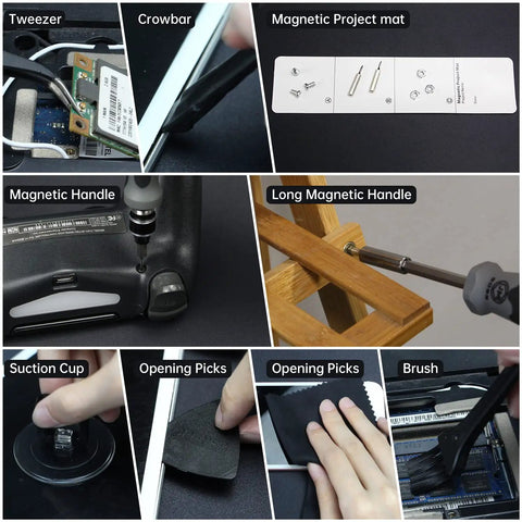 All In One Precision Screwdriver Set 201 In 1 Pro Electronics Repair Kit features tools like magnetic handle, suction cup, and tweezers.