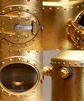 Totally Hands On Mini Steam Engine Kit With Full Boiler System, Generator And Lighting, A Realistic Metal Stationary Mill Model For DIY Engineers, Adults, And Collectors Who Love Vintage Industrial Tech close-up gold metal boiler