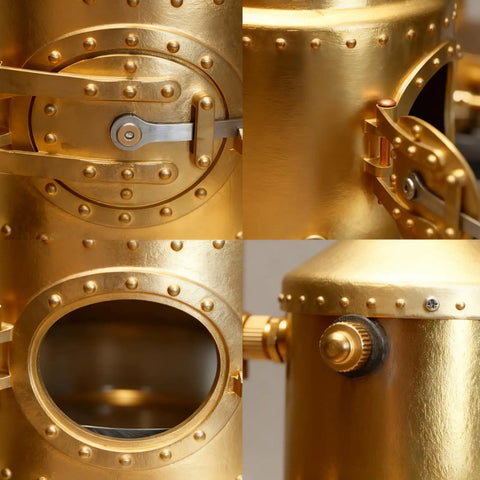 Totally Hands On Mini Steam Engine Kit With Full Boiler System, Generator And Lighting, A Realistic Metal Stationary Mill Model For DIY Engineers, Adults, And Collectors Who Love Vintage Industrial Tech close-up gold metal boiler