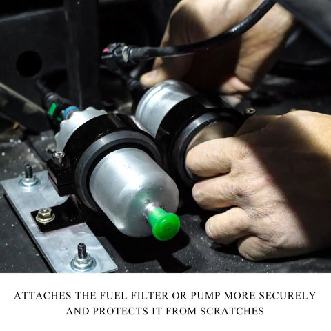Close-up of Badass 50mm Aluminum Fuel Filter Mounting Bracket And Lock Tight Fuel Pump Clamp Holder securing fuel pump with rubber cushion.