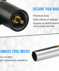 Heavy Duty High Intensity Mapp Gas Propane Torch For Welding Soldering Brazing And Cooking Kit With Trigger Start And Self Ignition, Ergonomic Non Slip Handle, Brass Head, CSA Certified, showing secure tigh buckle and stainless steel nozzle.
