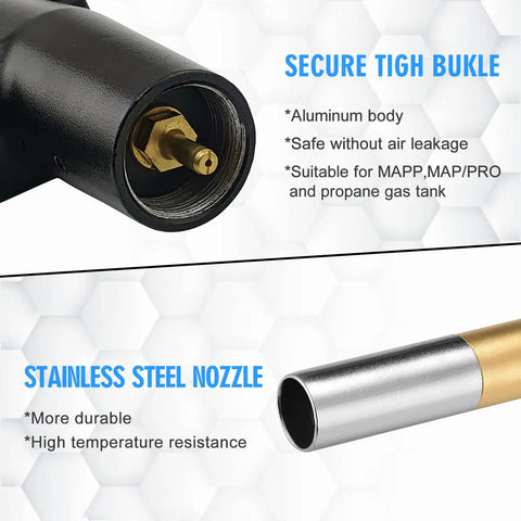 Heavy Duty High Intensity Mapp Gas Propane Torch For Welding Soldering Brazing And Cooking Kit With Trigger Start And Self Ignition, Ergonomic Non Slip Handle, Brass Head, CSA Certified, showing secure tigh buckle and stainless steel nozzle.