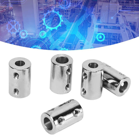 Straight Up Heavy Duty Five Piece Steel Shaft Coupling Set Featuring Flexible Motor Couplers For Smooth Mechanical Transmission. Close-up of steel couplers.