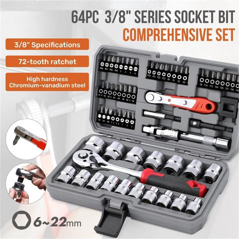Pro Grade 64 Piece Socket And Bit Set With Three Eighths Inch Drive, 72 Tooth Ratchet Wrench Kit in CR-V Steel, open case view