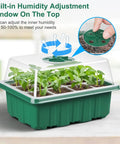 120 Cell Seed Starter Tray Kit With Humidity Dome featuring seedlings and adjustable humidity window for indoor germination.