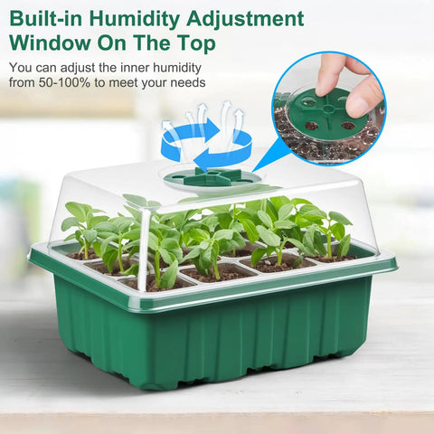 120 Cell Seed Starter Tray Kit With Humidity Dome featuring seedlings and adjustable humidity window for indoor germination.