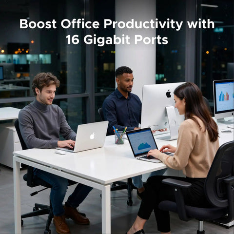 Modern office with 16 Port Gigabit Unmanaged Switch With Plug And Play For Office Use Standard VLAN Mode, employees at desks