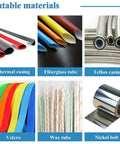 Cutable materials including thermal casing, fiberglass tube, Teflon casing, Velcro, wax tube, and nickel belt for Heavy Duty Auto Tube Cutter 650W.