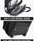 Interior and wheel design of 16 inch softside underseat carry on luggage with wheels for travel, black, dual-wheel structure