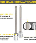 Close-up of Extra Long 3/8 Inch Drive Hex Bit Socket Set, showing S2 and CR-V steel, with double scale for size identification.