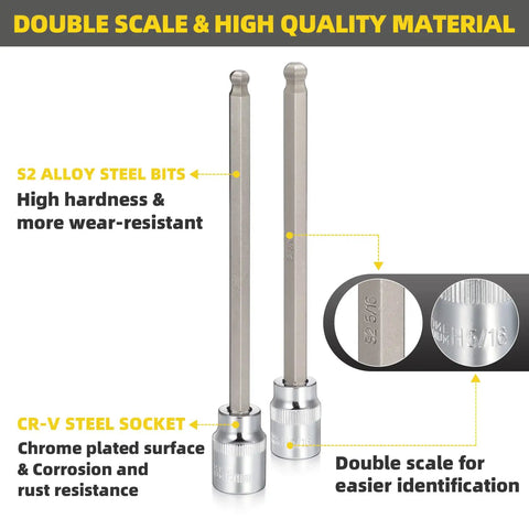 Close-up of Extra Long 3/8 Inch Drive Hex Bit Socket Set, showing S2 and CR-V steel, with double scale for size identification.
