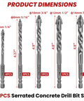 Front view of a 10-piece serrated carbide masonry drill bit set for concrete; sizes 6mm–14mm.