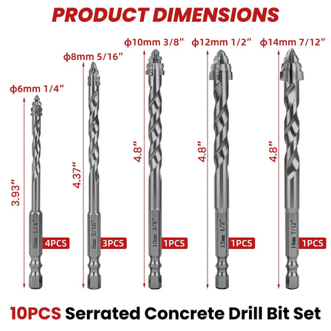 Front view of a 10-piece serrated carbide masonry drill bit set for concrete; sizes 6mm–14mm.
