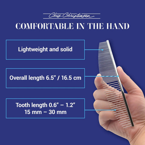 Hand holding Crescent Butter Comb Finishing Tool For Precision Detailing, 6.5 Inch, showing solid chrome steel teeth.