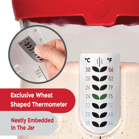 34 Oz Large Capacity Sourdough Starter Jar With Funnel Opening And Silicone Cover, featuring wheat-shaped thermometer.