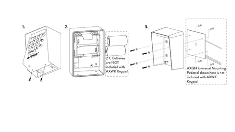Installation process for Premium Wireless Keypad For Automatic Gate Openers AXWK Model with C battery compartment visible.