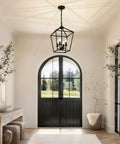 Dope Industrial Black Lantern Chandelier With Farmhouse Metal Cage, 4 Light Rustic Hanging Ceiling Fixture in entryway