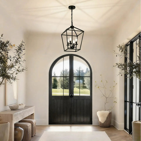 Dope Industrial Black Lantern Chandelier With Farmhouse Metal Cage, 4 Light Rustic Hanging Ceiling Fixture in entryway