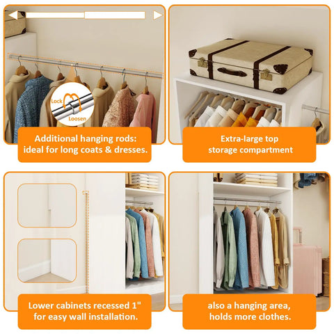 Heavy Duty White Closet System With Twelve Hanging Rods And Shelves Eight Foot Modular Walk In Organizer Custom Adjustable Wooden Storage Rack Haul Ready showing additional hanging rods and extra-large top storage compartment.