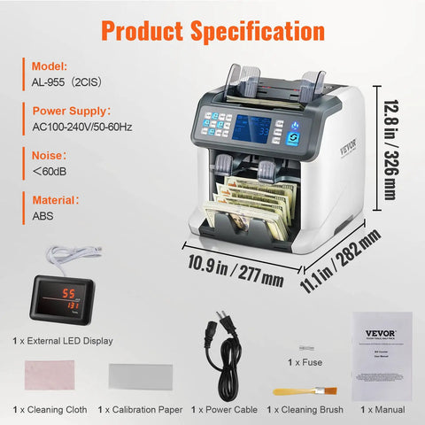 Multi Currency Money Counter With Counterfeit Detection And Sorter, Printer Enabled, Reject Pocket, accessories displayed