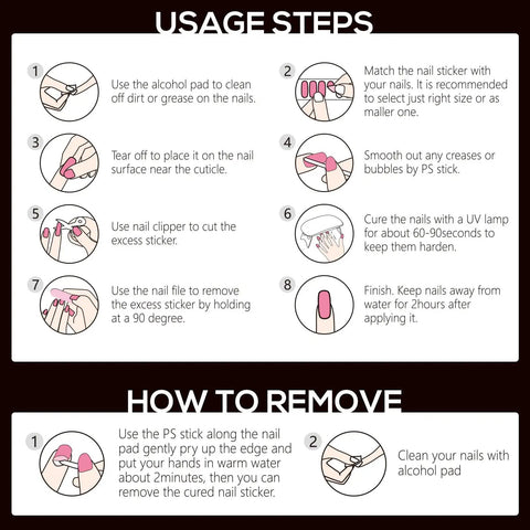 Semi Cured Gel Nail Strips And Wraps 20 Piece Kit For DIY Manicure With UV LED Lamp Required application and removal steps