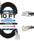 10 Gauge 3 Conductor Lighted Outdoor Extension Cord For Indoor And Outdoor Use, heavy duty black cable 10 ft SJTW