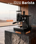 Badass 20 Bar Espresso Machine With Led Touch Control And Adjustable Burr Grinder For Pro Extraction on stone countertop measuring 15.74x12.2x10.6 inches.