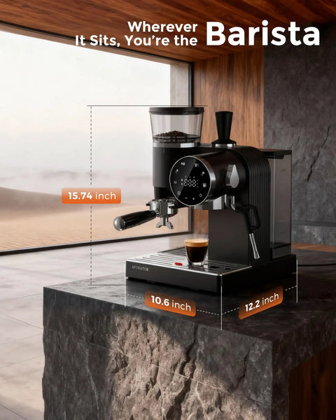 Badass 20 Bar Espresso Machine With Led Touch Control And Adjustable Burr Grinder For Pro Extraction on stone countertop measuring 15.74x12.2x10.6 inches.
