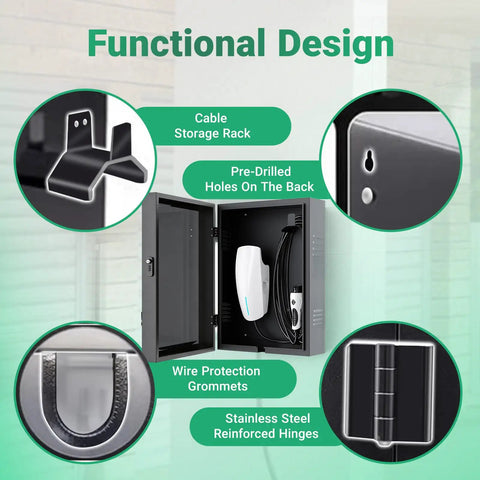Diagram of functional design features for Outdoor EV Charger Box With Cable Organizer, Waterproof Dustproof Enclosure For Universal Connector, Tesla Wall Connector Style Cover