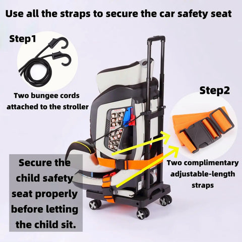 Portable Car Seat Dolly for Travel Foldable Hand Truck with car seat and straps securing it