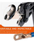 Heavy Duty Battery Cable Lug Crimping Tool For AWG 8 To 1/0 Copper And Aluminum Lugs, One Hand Adjustable Wheel, Non Welding Electrical Connection, Durable, Workhorse Quality, Easy To Use, Great For Auto And Marine Applications, close-up of marked crimp die and copper lug