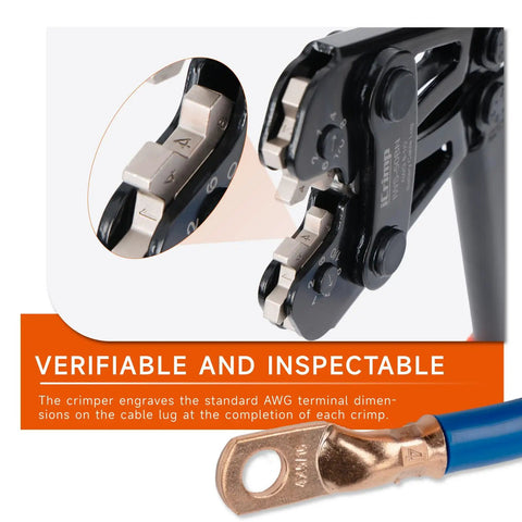 Heavy Duty Battery Cable Lug Crimping Tool For AWG 8 To 1/0 Copper And Aluminum Lugs, One Hand Adjustable Wheel, Non Welding Electrical Connection, Durable, Workhorse Quality, Easy To Use, Great For Auto And Marine Applications, close-up of marked crimp die and copper lug