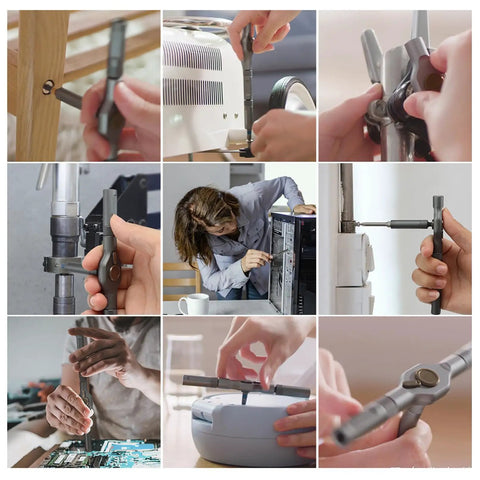 Collage of 42 In 1 Magnetic Screwdriver Set With Ratchet Handle and Detachable Bits used on various devices and furniture