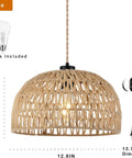 Plug In Pendant Light With Dimmable Cord Handcrafted Rattan Wicker Basket Shade with bulb and toggle switch, 12.8in size