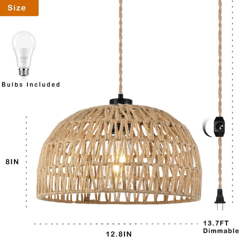 Plug In Pendant Light With Dimmable Cord Handcrafted Rattan Wicker Basket Shade with bulb and toggle switch, 12.8in size
