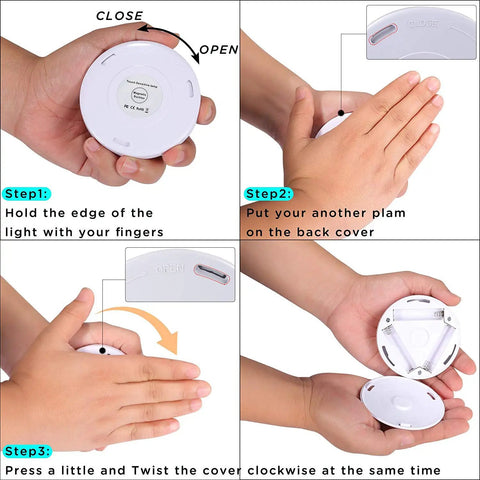 Hands demonstrating assembly of Three Pack Touch Activated LED Night Lights Battery Powered No Wires Needed 5000K Cool White 36 Lumen Per Lamp Uses 3 AAA Batteries Not Included For Closet Cabinet Bedroom Kitchen Stairs Wall Magnetic Mount