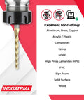 Heavy Duty Solid Carbide Up Cut Spiral Tapered Cnc Router Bits Set Smashes Through Wood And Aluminum Like Butter For Precision 2D 3D Carving With ZrN Heat Resistant Coating 18 Piece Pro Kit Takes 1 8 And 1 4 Shank, showing a detailed router bit for cutting materials.