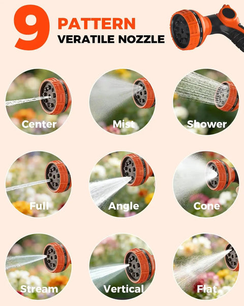 Nine sprayer nozzles display for Beefed Up Heavy Duty Wall Mount Retractable Garden Hose Reel With Ninety Foot Reach Five Eighth Inch Hose Auto Slow Return Nine Sprayer Nozzles Lock At Any Length Outdoor Ready 180 Degree Swivel UV Resistant