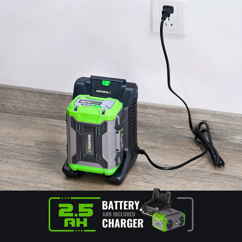 Cordless 60V Electric Leaf Blower With 810 CFM And Variable Speed, Includes 2.5Ah Battery And Charger on wooden floor