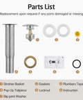 Bathroom Sink Drain With Strainer Basket Hair Catcher Anti Clog Pop Up Stopper For Vanity Vessel Sink Without Overflow Brushed Nickel All Metal Rustproof 304 Stainless Steel parts list including strainer basket, gaskets, tailpiece, and instructions.
