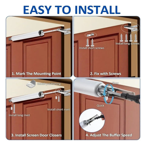 Diagram showing installation steps for Two Pack Heavy Duty Pneumatic Door Closers with Quiet Soft Close Adjustable Speed Position Stop.
