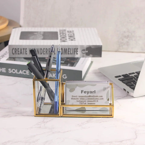 Gold Glass Business Card Holder With Pen And Pencil Tray Desktop Display Stand For Office Organization on marble countertop