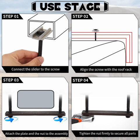 Step-by-step guide for Rooftop Tent Mounting Hardware Kit 28 Pcs With Flat Mending Plates 5.31 X 1 Inches, 8 Screws, 8 Nuts.