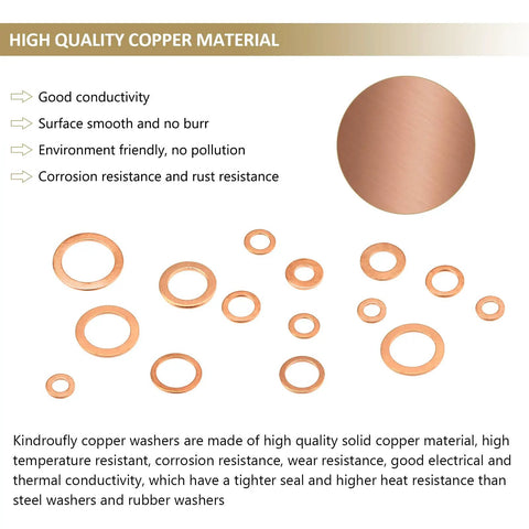 Copper Washer Set 225 Pieces With Seven Sizes M5 To M16, showing high-quality copper material and corrosion resistance