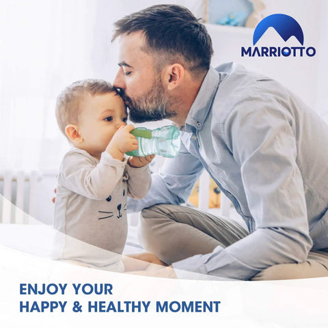 Father holding baby with bottle, Marriotto logo, enjoy your happy and healthy moment text.